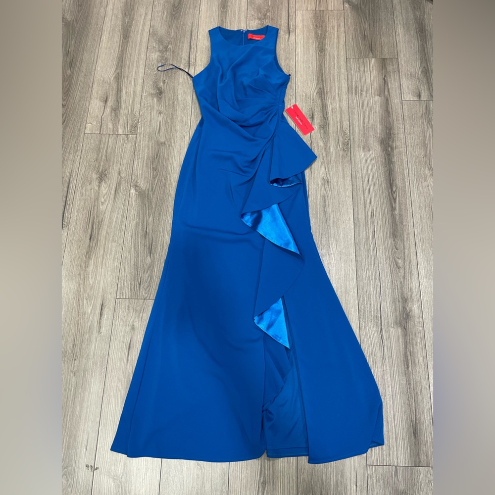 Carmen Marc Valvo Infusion Maxi Formal Sleek Evening Gown Cobalt Blue NWT SZ 8 - Picture 3 of 16